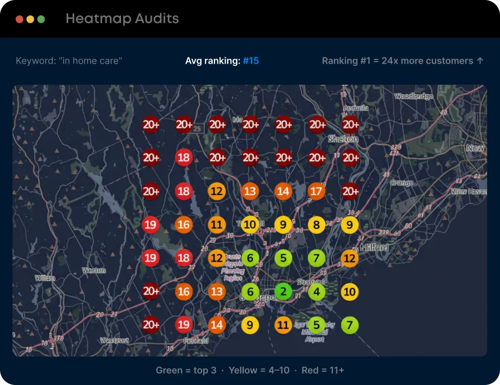 Keyword ranking heatmap with colored pins across a city showing where the business ranks on Google Maps