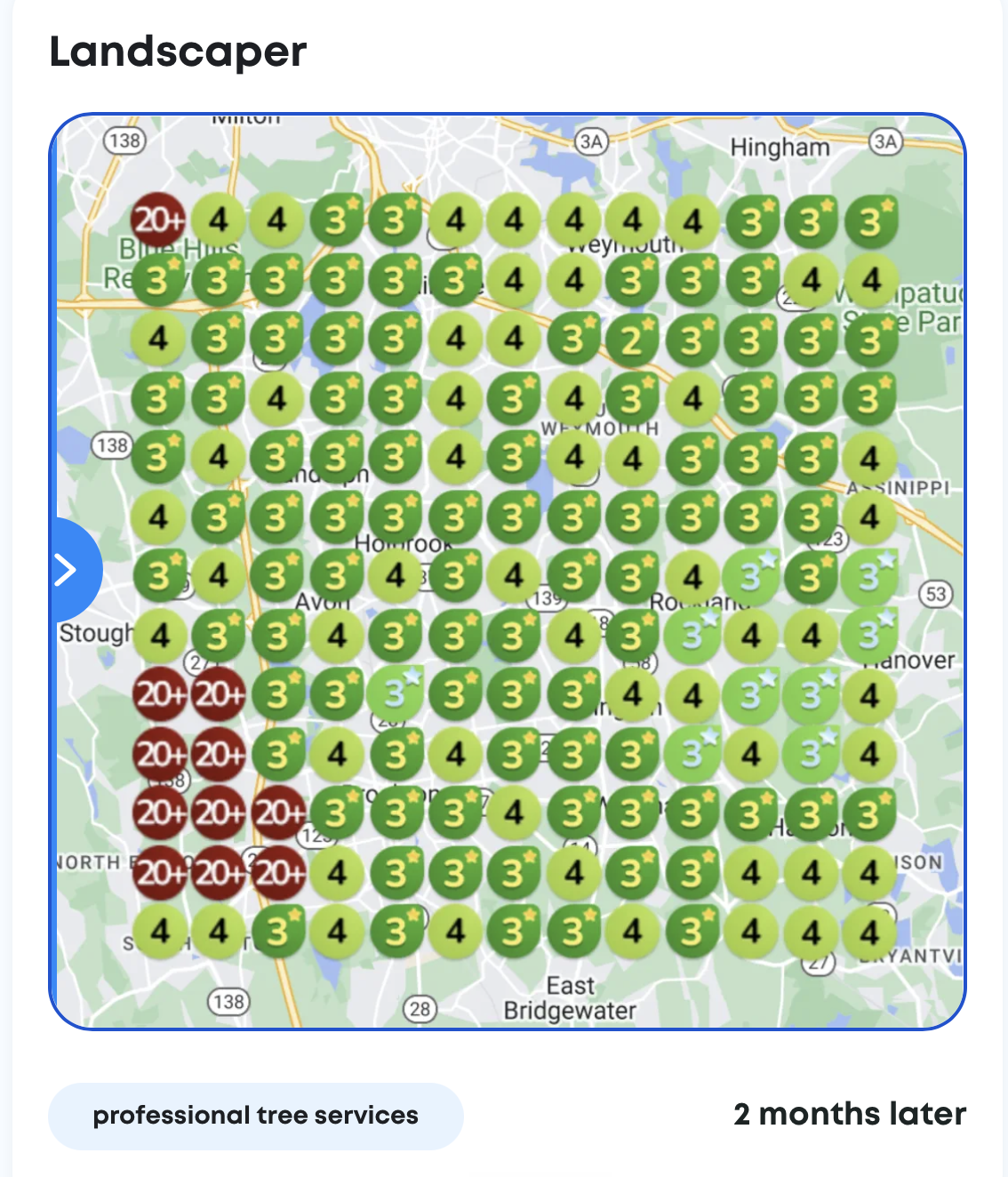 Geo-grid showing the same landscaper ranked in the top 3 to 4 across most of the service area two months later