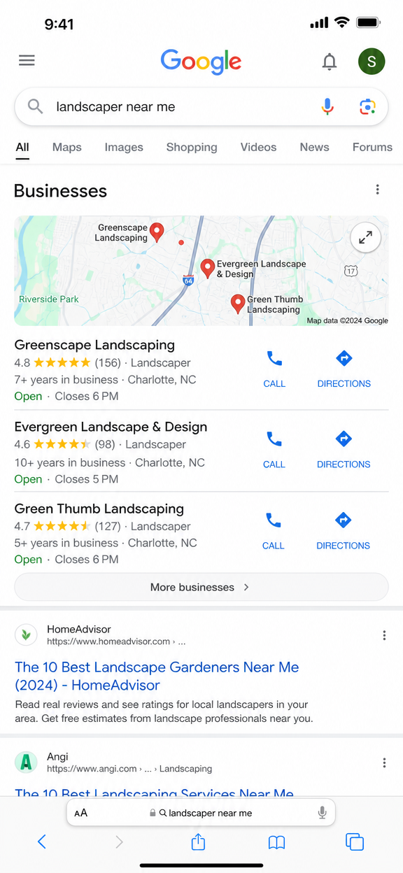 Google mobile search results showing local map pack for 'landscaper near me'